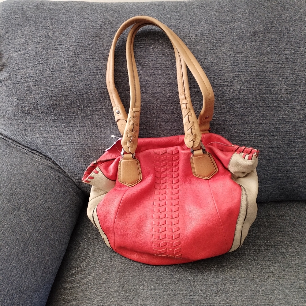 orYANY “Lyssie” large pebbled leather color block whipstitch shoulder bag